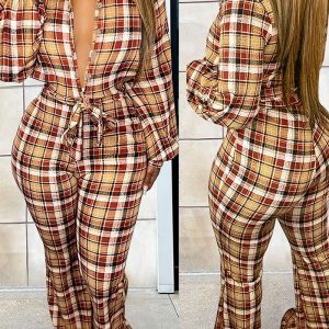 This Plus Size Women's Autumn Fashion Long Sleeve Plaid Print Casual Jumpsuit Design Made Of High Quality Polyster And Spandex Material. It Is Stretchy