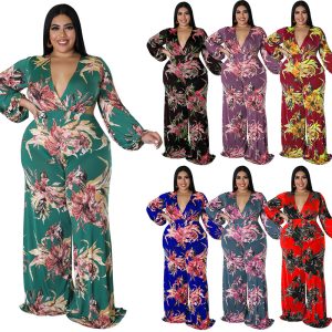 This Plus Size Women's Big Flower Print Sexy Low Back Lace-Up Long Sleeve Jumpsuit Design Made Of High Quality Polyster And Spandex Material. It Is Stretchy