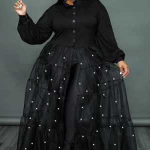 This Plus Size Women's Black Pearl Mesh Patchwork Dress Made Of Soft And Elastic Fabric. Global Lover Wholesale Plus Size Dresses And Hope Curvy Ladies Find Here a Warm And Exciting Place To Shop Affordable Curvy Dresses Online - Plus Size Casual