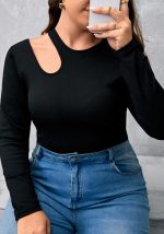 This Plus Size Women's Black Ribbed Knitting Shirt Round Neck Long Sleeve Slim Fit Basics Hollow Top Made Of Comfortable And Elastic Fabric. It Is Wholesale Sexy Plus Size Tops For Women. With The Gradual Rise Of Feminist Awareness