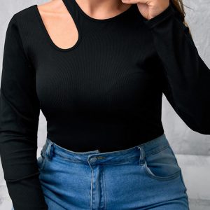 This Plus Size Women's Black Ribbed Knitting Shirt Round Neck Long Sleeve Slim Fit Basics Hollow Top Made Of Comfortable And Elastic Fabric. It Is Wholesale Sexy Plus Size Tops For Women. With The Gradual Rise Of Feminist Awareness