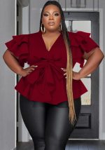 This Plus Size Women's Casual Versatile v-Neck Ruffle Sleeve Pleated Shirt Made Of Comfortable And Elastic Fabric. It Is Wholesale Sexy Plus Size Tops For Women. With The Gradual Rise Of Feminist Awareness