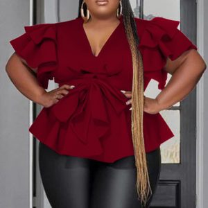 This Plus Size Women's Casual Versatile v-Neck Ruffle Sleeve Pleated Shirt Made Of Comfortable And Elastic Fabric. It Is Wholesale Sexy Plus Size Tops For Women. With The Gradual Rise Of Feminist Awareness