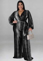 This Plus Size Women's Clothing Fall v-Neck Long Sleeve Jumpsuit Design Made Of High Quality Polyster And Spandex Material. It Is Stretchy