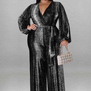 This Plus Size Women's Clothing Fall v-Neck Long Sleeve Jumpsuit Design Made Of High Quality Polyster And Spandex Material. It Is Stretchy