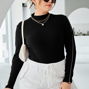 This Plus Size Women's Contrast Color Knitting Shirt Autumn And Winter Basic Chic Solid Color Turtleneck Ribbed Top Made Of Comfortable And Elastic Fabric. It Is Wholesale Sexy Plus Size Tops For Women. With The Gradual Rise Of Feminist Awareness