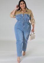 This Plus Size Women's Denim Contrast Jumpsuit Design Made Of High Quality Polyster And Spandex Material. It Is Stretchy