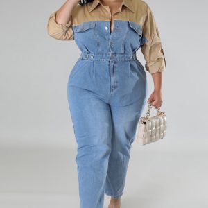 This Plus Size Women's Denim Contrast Jumpsuit Design Made Of High Quality Polyster And Spandex Material. It Is Stretchy