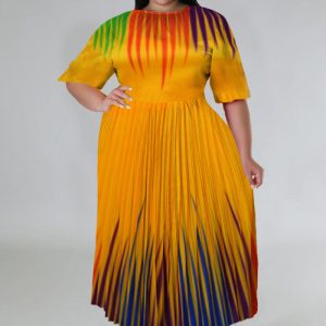 This Plus Size Women's Digital Positioning Print Pleated Round Neck Long Casual Dress Made Of Soft And Elastic Fabric. Global Lover Wholesale Plus Size Dresses And Hope Curvy Ladies Find Here a Warm And Exciting Place To Shop Affordable Curvy Dresses Online - Plus Size Casual