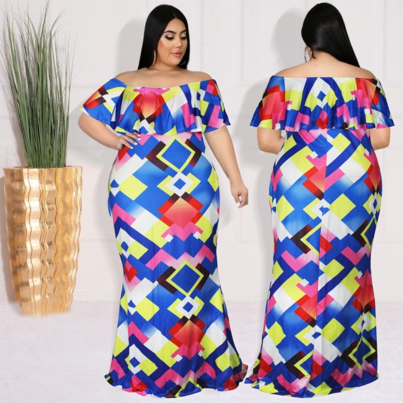 This Plus Size Women's Digital Print Ruffle Wrap Off Shoulder Long Dress Made Of Soft And Elastic Fabric. Global Lover Wholesale Plus Size Dresses And Hope Curvy Ladies Find Here a Warm And Exciting Place To Shop Affordable Curvy Dresses Online - Plus Size Casual