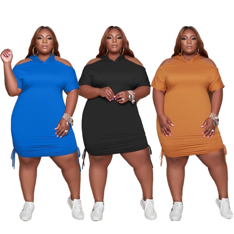 This Plus Size Women's Drawstring Sexy Dress Off Shoulder Fashion Short Sleeve Mid Dress Made Of Soft And Elastic Fabric. Global Lover Wholesale Plus Size Dresses And Hope Curvy Ladies Find Here a Warm And Exciting Place To Shop Affordable Curvy Dresses Online - Plus Size Casual