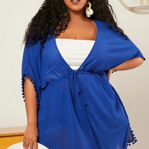 This Plus Size Women's Drawstring Waist Tassel Trim Bat Sleeves Holidays Beach Dress Made Of Soft And Elastic Fabric. Global Lover Wholesale Plus Size Dresses And Hope Curvy Ladies Find Here a Warm And Exciting Place To Shop Affordable Curvy Dresses Online - Plus Size Casual