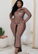 This Plus Size Women's Dress Fall Brown Long Sleeve Slim Fit Striped Dress Made Of Soft And Elastic Fabric. Global Lover Wholesale Plus Size Dresses And Hope Curvy Ladies Find Here a Warm And Exciting Place To Shop Affordable Curvy Dresses Online - Plus Size Casual