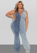 This Plus Size Women's Fall Color Block Wash Sexy Denim Jumpsuit Design Made Of High Quality Polyster And Spandex Material. It Is Stretchy