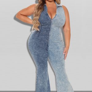 This Plus Size Women's Fall Color Block Wash Sexy Denim Jumpsuit Design Made Of High Quality Polyster And Spandex Material. It Is Stretchy