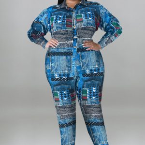 This Plus Size Women's Fall Print Long Sleeve Jumpsuit Design Made Of High Quality Polyster And Spandex Material. It Is Stretchy