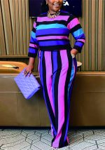 This Plus Size Women's Fall Round Neck Long Sleeve Stripe Two Piece Pants Set Design And Made Of Comfortable And Elastic Fabric. Wholesale Plus Size Two Piece Sets Is a Must-Have Item For Curvy Ladies. Two Piece Sets Can Either Be Worn Together Or Individually