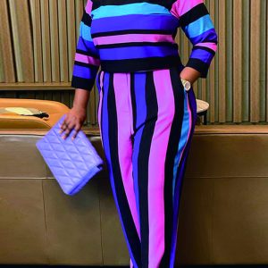 This Plus Size Women's Fall Round Neck Long Sleeve Stripe Two Piece Pants Set Design And Made Of Comfortable And Elastic Fabric. Wholesale Plus Size Two Piece Sets Is a Must-Have Item For Curvy Ladies. Two Piece Sets Can Either Be Worn Together Or Individually