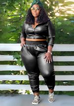 This Plus Size Women's Fashion Casual Solid Color Pu Leather Two-Piece Pants Set For Women Design And Made Of Comfortable And Elastic Fabric. Wholesale Plus Size Two Piece Sets Is a Must-Have Item For Curvy Ladies. Two Piece Sets Can Either Be Worn Together Or Individually