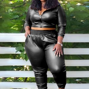 This Plus Size Women's Fashion Casual Solid Color Pu Leather Two-Piece Pants Set For Women Design And Made Of Comfortable And Elastic Fabric. Wholesale Plus Size Two Piece Sets Is a Must-Have Item For Curvy Ladies. Two Piece Sets Can Either Be Worn Together Or Individually