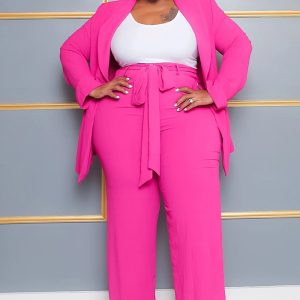 This Plus Size Women's Fashion Chic Professional Casual Long Sleeve Coat Belted Trousers Two-Piece Set Design And Made Of Comfortable And Elastic Fabric. Wholesale Plus Size Two Piece Sets Is a Must-Have Item For Curvy Ladies. Two Piece Sets Can Either Be Worn Together Or Individually