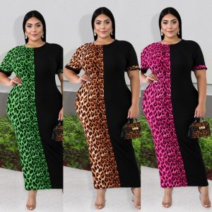 This Plus Size Women's Fashion Short Sleeve Patchwork Leopard Print Round Neck Dress Made Of Soft And Elastic Fabric. Global Lover Wholesale Plus Size Dresses And Hope Curvy Ladies Find Here a Warm And Exciting Place To Shop Affordable Curvy Dresses Online - Plus Size Casual