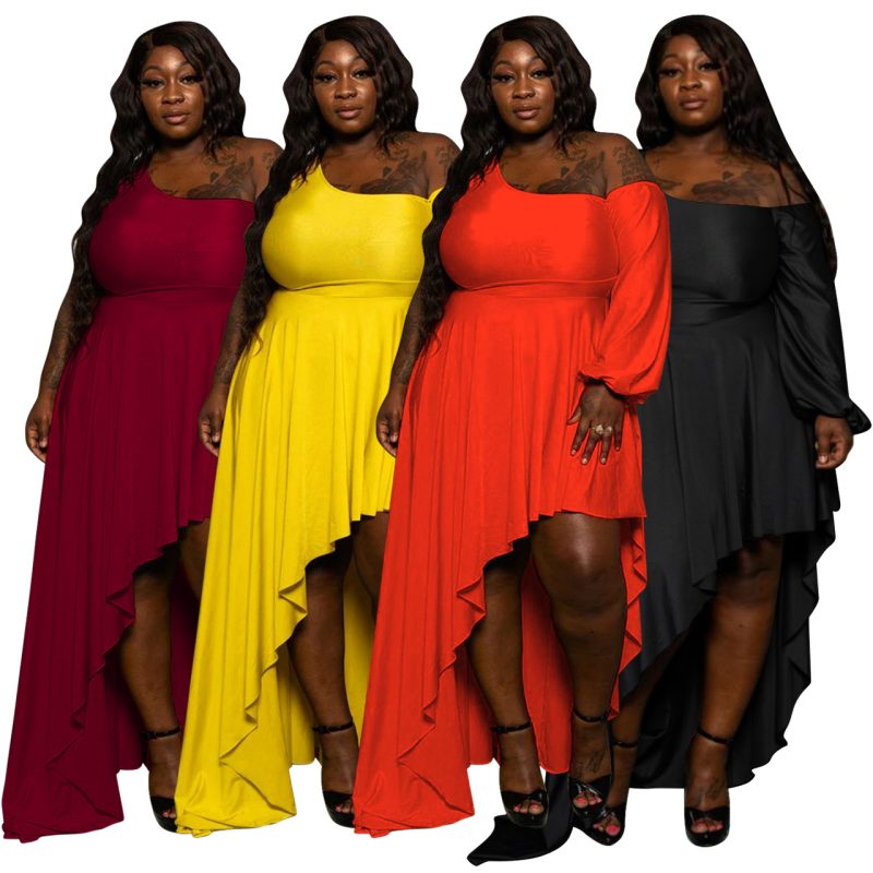 This Plus Size Women's Fashion Solid Color One Shoulder Casual Loose Irregular Dress Made Of Soft And Elastic Fabric. Global Lover Wholesale Plus Size Dresses And Hope Curvy Ladies Find Here a Warm And Exciting Place To Shop Affordable Curvy Dresses Online - Plus Size Casual