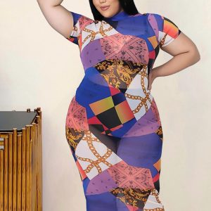 This Plus Size Women's Fashion Tie Dye Print Sexy Mesh Dress Made Of Soft And Elastic Fabric. Global Lover Wholesale Plus Size Dresses And Hope Curvy Ladies Find Here a Warm And Exciting Place To Shop Affordable Curvy Dresses Online - Plus Size Casual