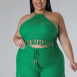 This Plus Size Women's Fringe Fishnet Knitting Casual Two-Piece Pant Set Design And Made Of Comfortable And Elastic Fabric. Wholesale Plus Size Two Piece Sets Is a Must-Have Item For Curvy Ladies. Two Piece Sets Can Either Be Worn Together Or Individually