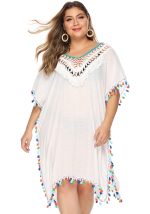 This Plus Size Women's Irregular Hook Patchwork Multi-Color Tassel Deep v Sexy Loose Plus Size Beach Cover Up Is Made Of Good Quality Lycra And Spandex Fabric