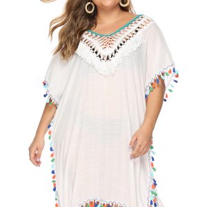 This Plus Size Women's Irregular Hook Patchwork Multi-Color Tassel Deep v Sexy Loose Plus Size Beach Cover Up Is Made Of Good Quality Lycra And Spandex Fabric