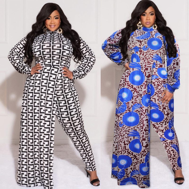 This Plus Size Women's Long Autumn Print Fake Two-Piece Jumpsuit Design Made Of High Quality Polyster And Spandex Material. It Is Stretchy