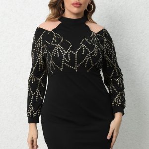 This Plus Size Women's Long Sleeve Bodycon Beaded Dress Made Of Soft And Elastic Fabric. Global Lover Wholesale Plus Size Dresses And Hope Curvy Ladies Find Here a Warm And Exciting Place To Shop Affordable Curvy Dresses Online - Plus Size Casual