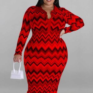 This Plus Size Women's Long Sleeve Collar Printed Open Fashion Dress Made Of Soft And Elastic Fabric. Global Lover Wholesale Plus Size Dresses And Hope Curvy Ladies Find Here a Warm And Exciting Place To Shop Affordable Curvy Dresses Online - Plus Size Casual