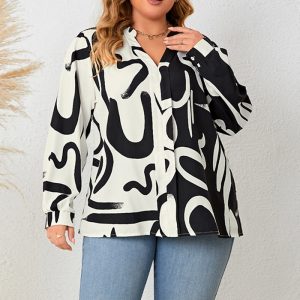 This Plus Size Women's Loose Casual v-Neck Top Fashion Lantern Sleeve Printed Shirt Made Of Comfortable And Elastic Fabric. It Is Wholesale Sexy Plus Size Tops For Women. With The Gradual Rise Of Feminist Awareness