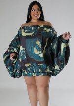 This Plus Size Women's Loose Puff Sleeve Off Shoulder Printed Dress Made Of Soft And Elastic Fabric. Global Lover Wholesale Plus Size Dresses And Hope Curvy Ladies Find Here a Warm And Exciting Place To Shop Affordable Curvy Dresses Online - Plus Size Casual