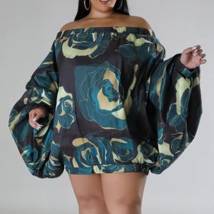 This Plus Size Women's Loose Puff Sleeve Off Shoulder Printed Dress Made Of Soft And Elastic Fabric. Global Lover Wholesale Plus Size Dresses And Hope Curvy Ladies Find Here a Warm And Exciting Place To Shop Affordable Curvy Dresses Online - Plus Size Casual