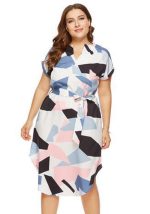 This Plus Size Women's Plus Size Summer Short Sleeve Print Color Block Slit Tie Plus Size Dress Made Of Soft And Elastic Fabric. Global Lover Wholesale Plus Size Dresses And Hope Curvy Ladies Find Here a Warm And Exciting Place To Shop Affordable Curvy Dresses Online - Plus Size Casual