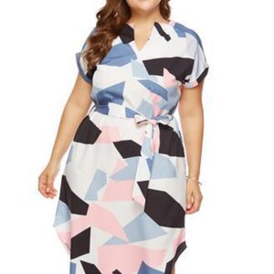 This Plus Size Women's Plus Size Summer Short Sleeve Print Color Block Slit Tie Plus Size Dress Made Of Soft And Elastic Fabric. Global Lover Wholesale Plus Size Dresses And Hope Curvy Ladies Find Here a Warm And Exciting Place To Shop Affordable Curvy Dresses Online - Plus Size Casual