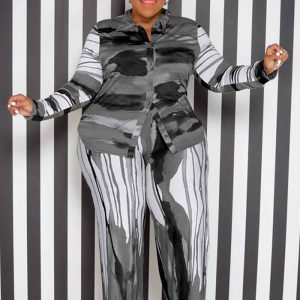 This Plus Size Women's Printed Fall Long Sleeve Pants Fashion Casual Set Design Made Of High Quality Polyster And Spandex Material. It Is Stretchy