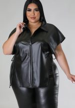 This Plus Size Women's Pu Leather Shirt Summer Casual Loose Fit Solid Top Made Of Comfortable And Elastic Fabric. It Is Wholesale Sexy Plus Size Tops For Women. With The Gradual Rise Of Feminist Awareness