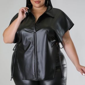 This Plus Size Women's Pu Leather Shirt Summer Casual Loose Fit Solid Top Made Of Comfortable And Elastic Fabric. It Is Wholesale Sexy Plus Size Tops For Women. With The Gradual Rise Of Feminist Awareness