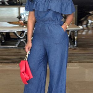 This Plus Size Women's Ruffled Off Shoulder Jumpsuit Design Made Of High Quality Polyster And Spandex Material. It Is Stretchy