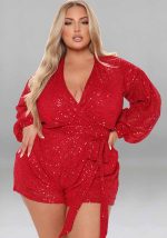 This Plus Size Women's Sequins Long Sleeve v Neck Rompers Design Made Of High Quality Polyster And Spandex Material. It Is Stretchy