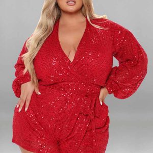 This Plus Size Women's Sequins Long Sleeve v Neck Rompers Design Made Of High Quality Polyster And Spandex Material. It Is Stretchy