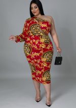 This Plus Size Women's Sexy Hollow One Shoulder Long Sleeve Printed Dress Made Of Soft And Elastic Fabric. Global Lover Wholesale Plus Size Dresses And Hope Curvy Ladies Find Here a Warm And Exciting Place To Shop Affordable Curvy Dresses Online - Plus Size Casual