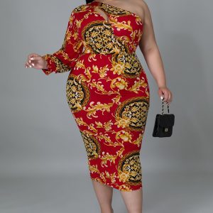 This Plus Size Women's Sexy Hollow One Shoulder Long Sleeve Printed Dress Made Of Soft And Elastic Fabric. Global Lover Wholesale Plus Size Dresses And Hope Curvy Ladies Find Here a Warm And Exciting Place To Shop Affordable Curvy Dresses Online - Plus Size Casual