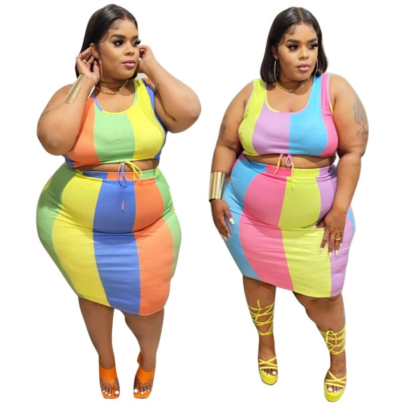 This Plus Size Women's Sleeveless Multi-Color Print Trend Chic Plus Size Two Piece Skirt Set Design And Made Of Comfortable And Elastic Fabric. Wholesale Plus Size Two Piece Sets Is a Must-Have Item For Curvy Ladies. Two Piece Sets Can Either Be Worn Together Or Individually