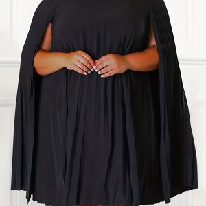 This Plus Size Women's Solid Cape Sleeves Chiffon Pleated Dress Made Of Soft And Elastic Fabric. Global Lover Wholesale Plus Size Dresses And Hope Curvy Ladies Find Here a Warm And Exciting Place To Shop Affordable Curvy Dresses Online - Plus Size Casual