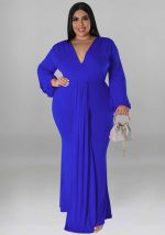 This Plus Size Women's Solid Color Sexy Deep v Neck Long Sleeve Pleated Dress Made Of Soft And Elastic Fabric. Global Lover Wholesale Plus Size Dresses And Hope Curvy Ladies Find Here a Warm And Exciting Place To Shop Affordable Curvy Dresses Online - Plus Size Casual